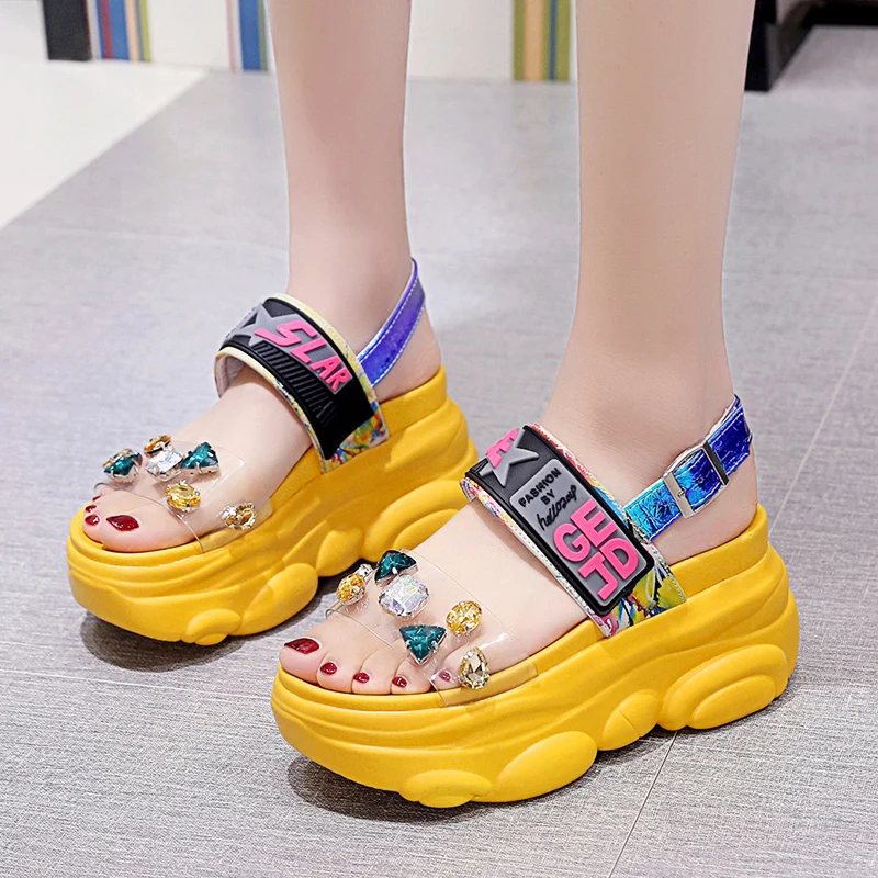 Rimocy Transparent Rhinestone High Heels Sandals Women Summer Platform Wedges Shoes for Woman Casual Ankle Strap Rome Sandalias | Обувь