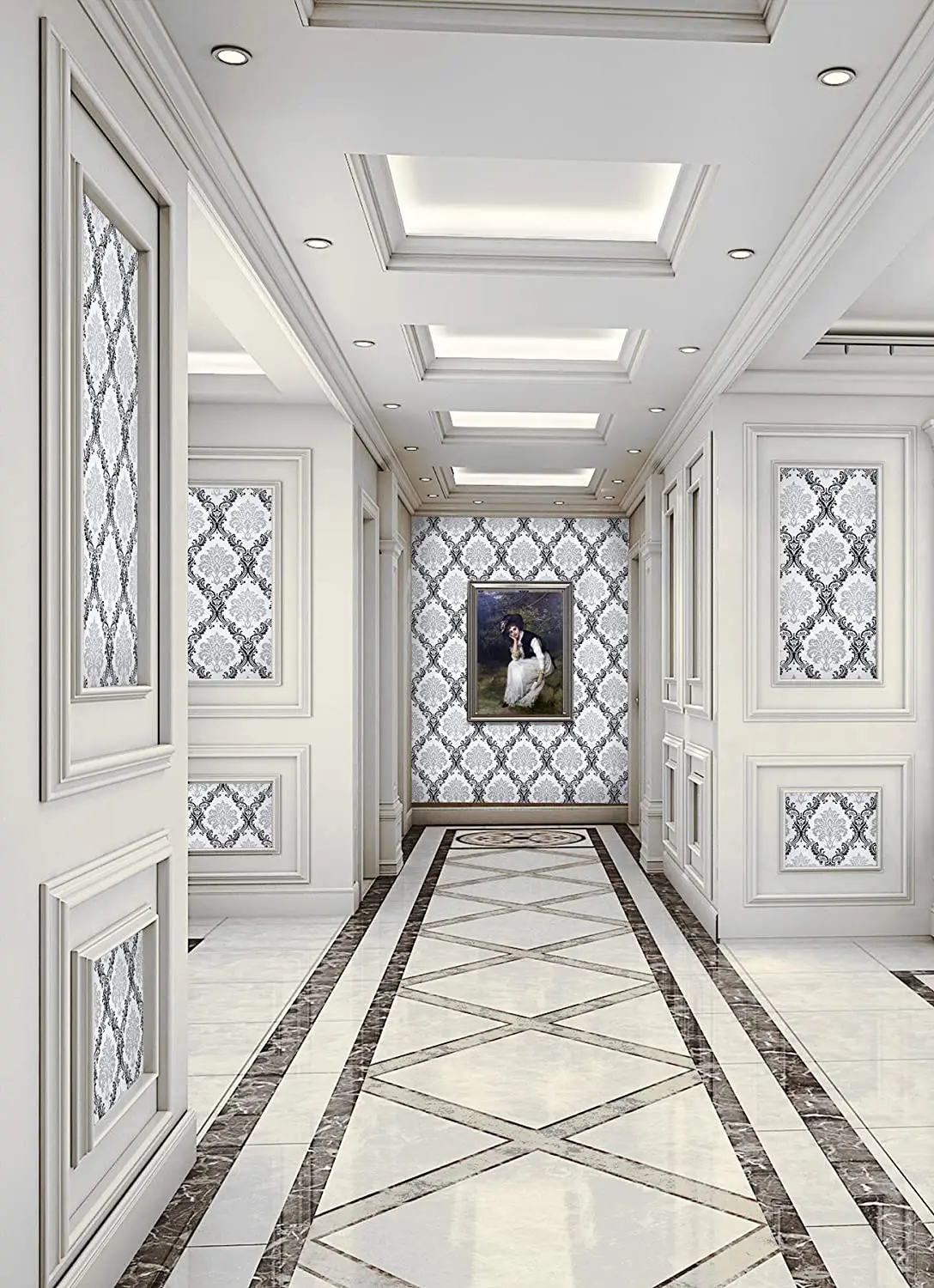 화이트 블랙 필 앤 스틱 벽지, 탈착식 접촉 종이, 장식 다마스커스 벽 종이, 꽃 자체 접착 벽지, 5M