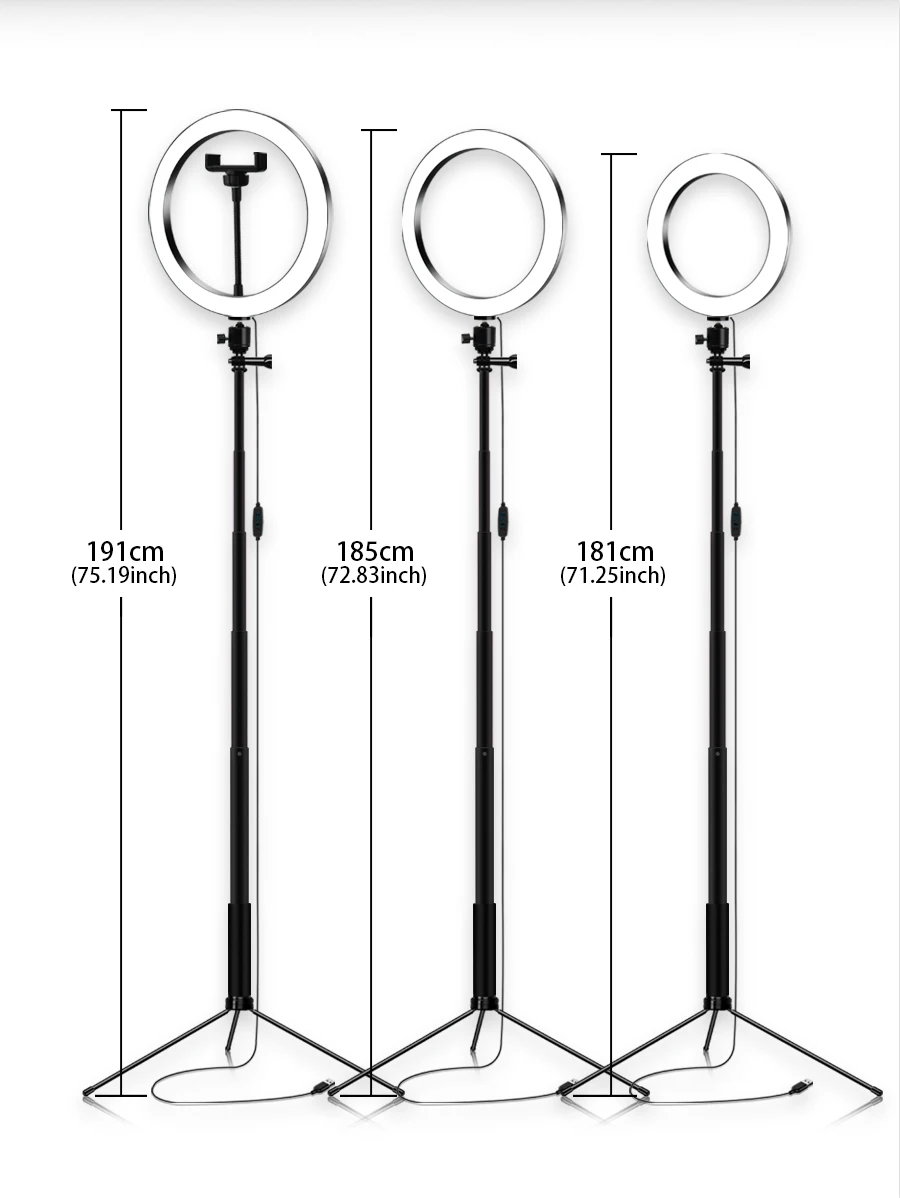 Кольцевой светильник 16/20/26 см фотографии светодиодный селфи светильник ing с регулируемой яркостью для макияжа мобильного телефона в реальном времени Studio с общим объемом 180 см штатив-тренога USB разъем