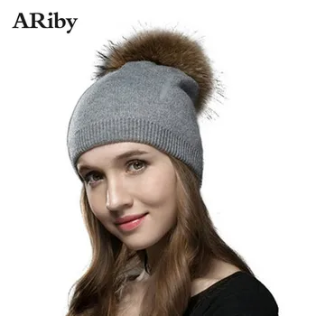 

ARiby Women Wool Beret Hat Winter Autumn Pompom Beanies Hat Women Knitted Cashmere Casual Women's Cap Real Warm Fur Pompom Hats