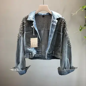 

Rivet Beading Women Denim Jacket 2019 Fall New Fashion Short Outwear High Street Pockets Single Breasted Coat Jacket