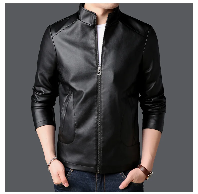 Осень и зима стиль из искусственной кожи для мужчин стенд воротник мода Slim Fit локомотивное кожаное пальто мужская куртка