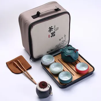 

6 pcs/lot Travel Tea Set Porcelain Double Wall Cup Creative Flower Dragon Moutain Teapot Traval Kung Fu Tea Set Teaware