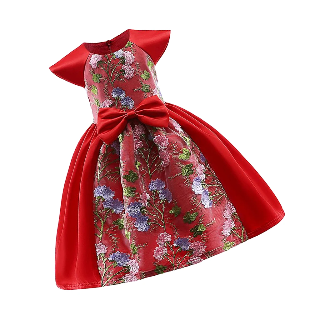 Floral Embroidery Red Satin Dress Princess Pageant Formal Dress for Girls Toddlers