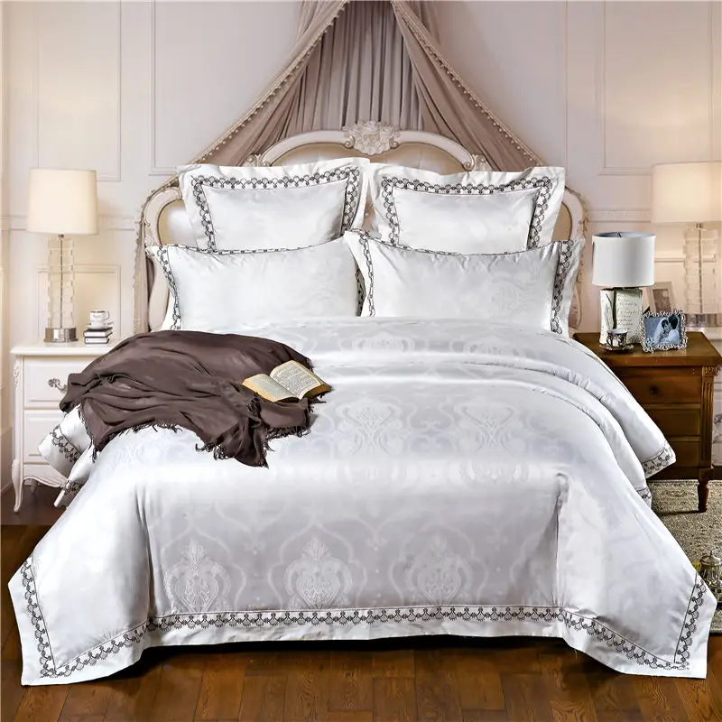 

White/Gold/Blue King Queen Size Bedding Sets Luxury Embroidered Satin Cotton Jacquard Duvet Cover Bed Linen Sheet Pillowcases