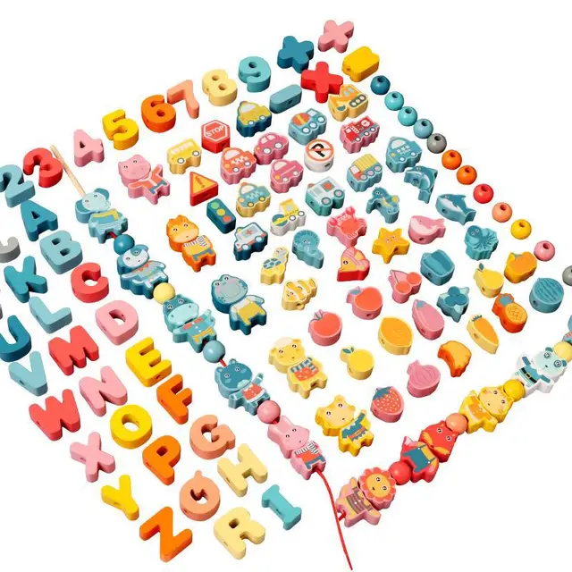 Colorful Wooden Beads Sets send Rope Education Cognition Animal/Traffic/Fruit/Digital/Letter/Threading Beads Kids DIY Toys 6