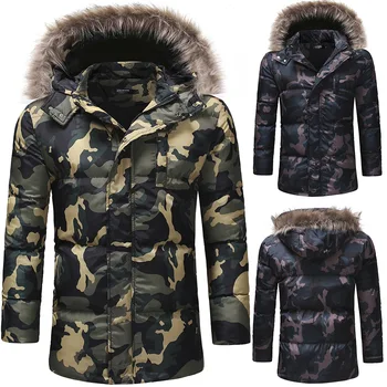 

2020 Men's Fashion Medium Long Winter Loose Thickening Down Cotton Camouflage Casual Zipper Coat Jacket