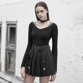 

PUNK RAVE Women's Knit T-shirt with Collar Slim Fit Long Sleeve Casual Small V Neck Rope Decoration Top