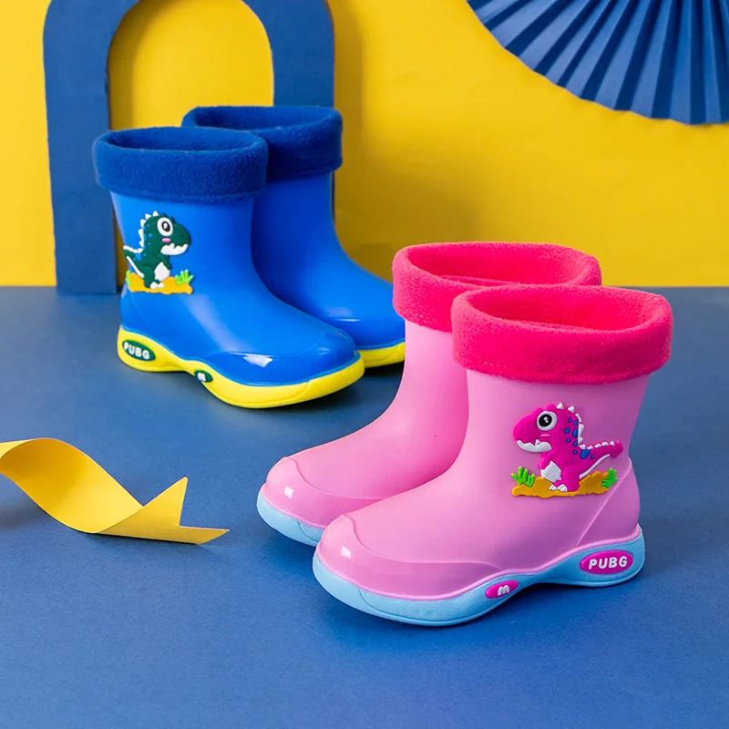 Cute Rain Boots Kids PVC Rubber Dinosaur Pattern Rain Shoes Water Shoes for Baby Girl Boy Shoes Waterproof with Removable Velvet new cartoon resin baby dinosaur keychain cute green blue pink trinket bag car metal keyring soft lanyard girl boy lover gift