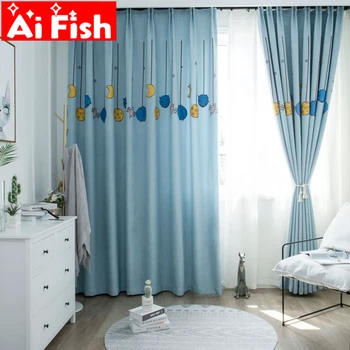

New Children's Bedroom Blue Embroidery Starry Sky Station Curtain Finished Custom Gray Cartoon Blackout Boy'S Curtains MY037-55