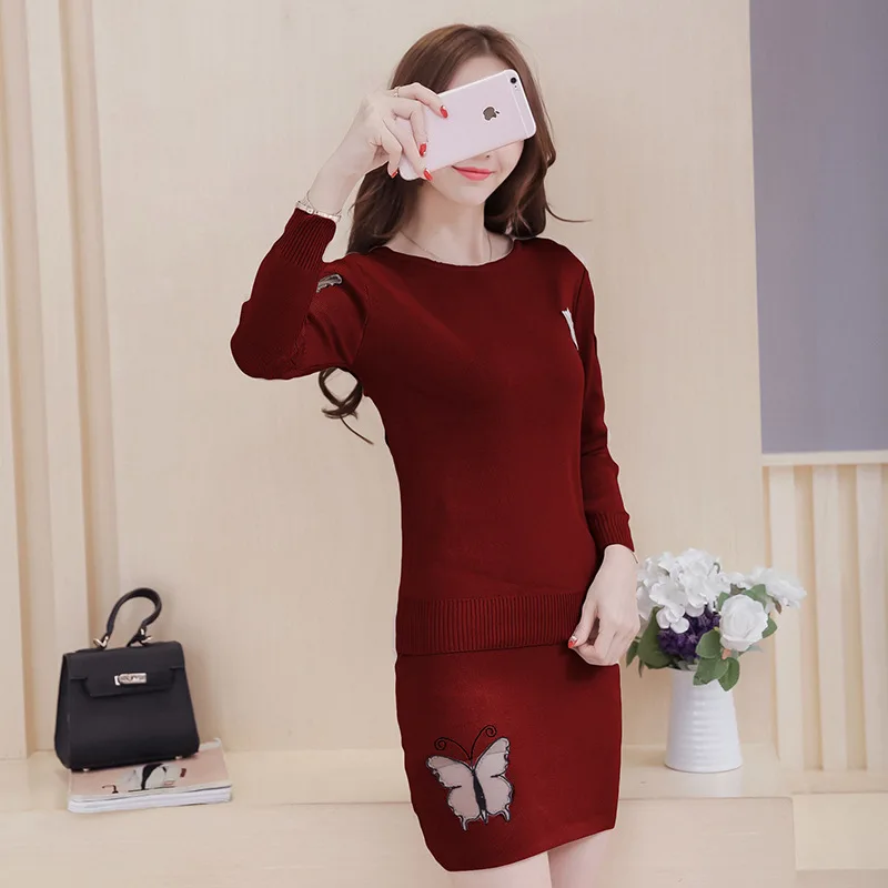 

2016 Autumn And Winter New Style Korean-style Slim Fit Sheath Short Skirt Crew Neck Long-sleeved Upper Garment Sweater Set