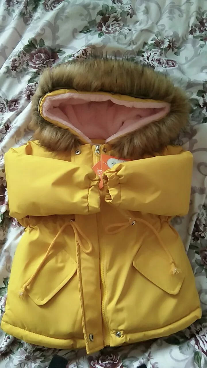 Новое Детское пальто с мехом, куртки для девочек на русскую зиму, парка с капюшоном и хлопковой подкладкой для маленьких девочек, однотонная Корейская одежда для детей 2-10 лет
