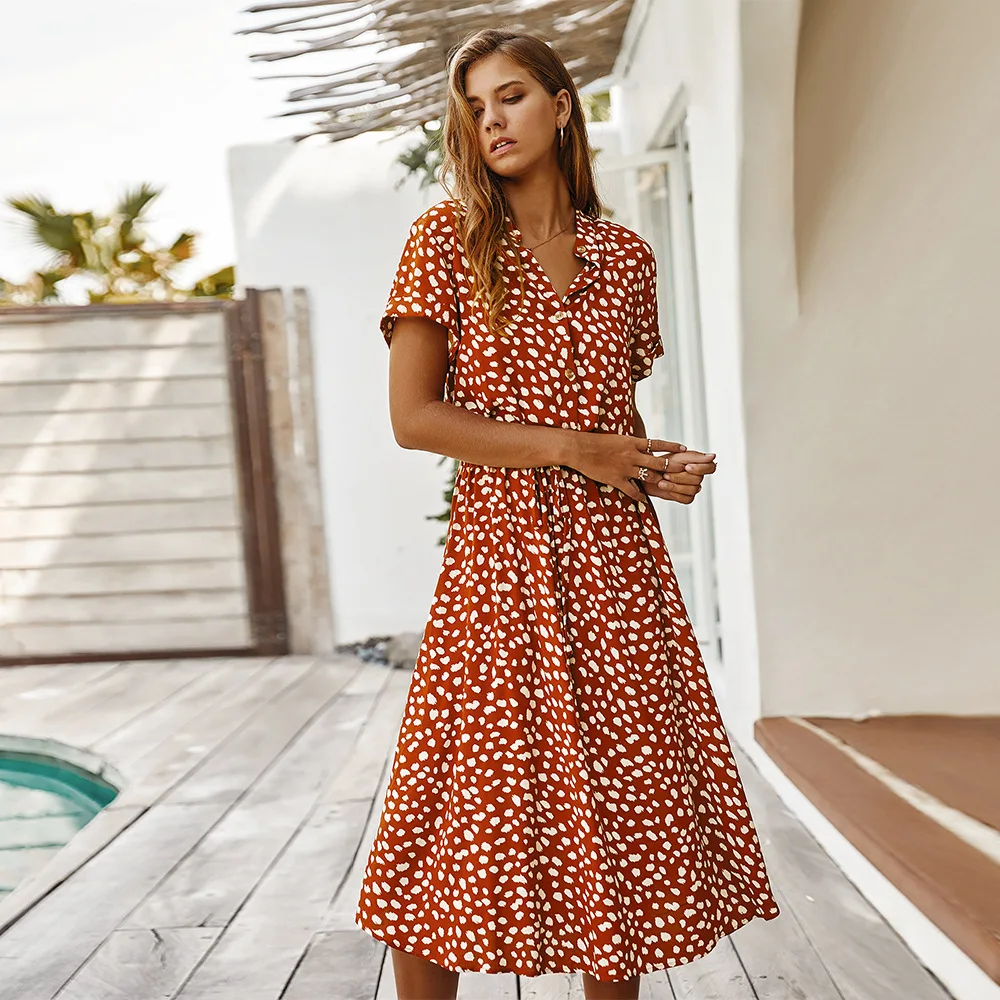 

Women Dress Dot Print Bohemian Long shirt Dress Fashion Female High Waist Beach Midi Dresses Short Sleeve Party Holiday Vestido