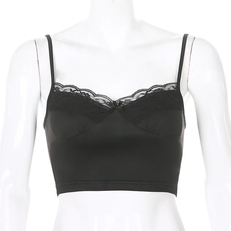 Women's Solid Color Lace Trim Crop Top V-neck Sexy Short Suspenders Ladies Halter Autumn Bottoming Shirt Night Club Party Wear