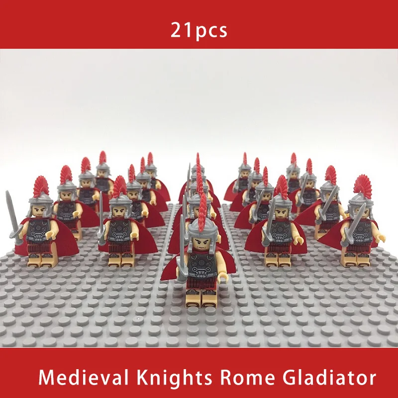 21PCS Medieval Knights Rome Gladiator Commander Caesar Soldier Roman Spartan Building Blocks Bricks Best Gift Baby Toys