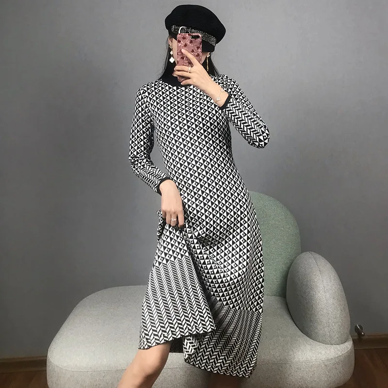 

Women Dress Striped Knitted Houndstooth Jacquard Vestido Bodycon Long Sleeve Robe Slim Pullovers Runway Casual Jumper Winter