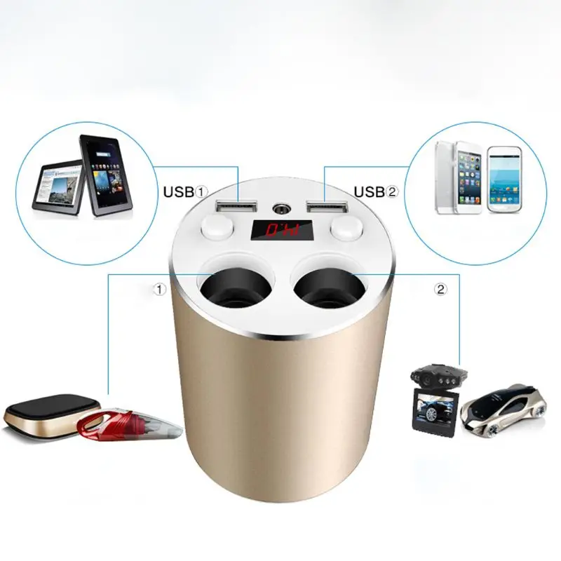 3.1A Dual USB Car Charger Voltage Current Display Phone Charging Adapter with 2 Cigarette Lighter Socket for Cellphones GPS DVR