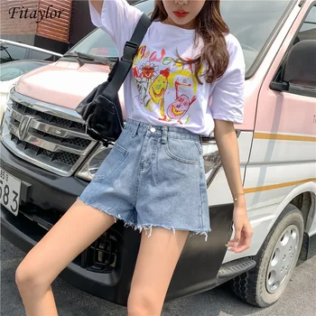 

Fitaylor 2020 New Summer Women High Waist Wide Leg Blue Denim Shorts Vintage Female Solid Color Loose Fit Jeans Shorts