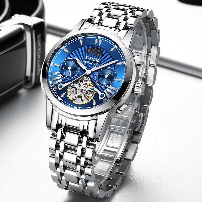 LIGE мужские s часы лучший бренд класса люкс автоматические механические Moon Phase часы мужские из нержавеющей стали водонепроницаемые наручные часы с дисплеем