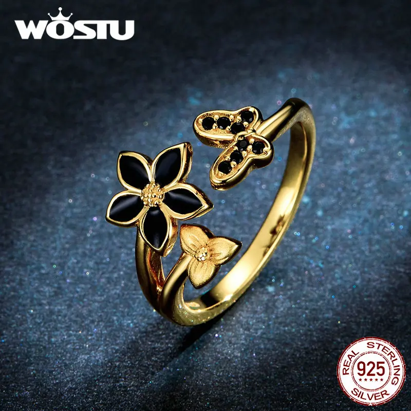 WOSTU Настоящее 925 пробы Серебряное кольцо с цветами и бабочкой для женщин золотого цвета регулируемые кольца Свадебные обручальные ювелирные изделия FNR087