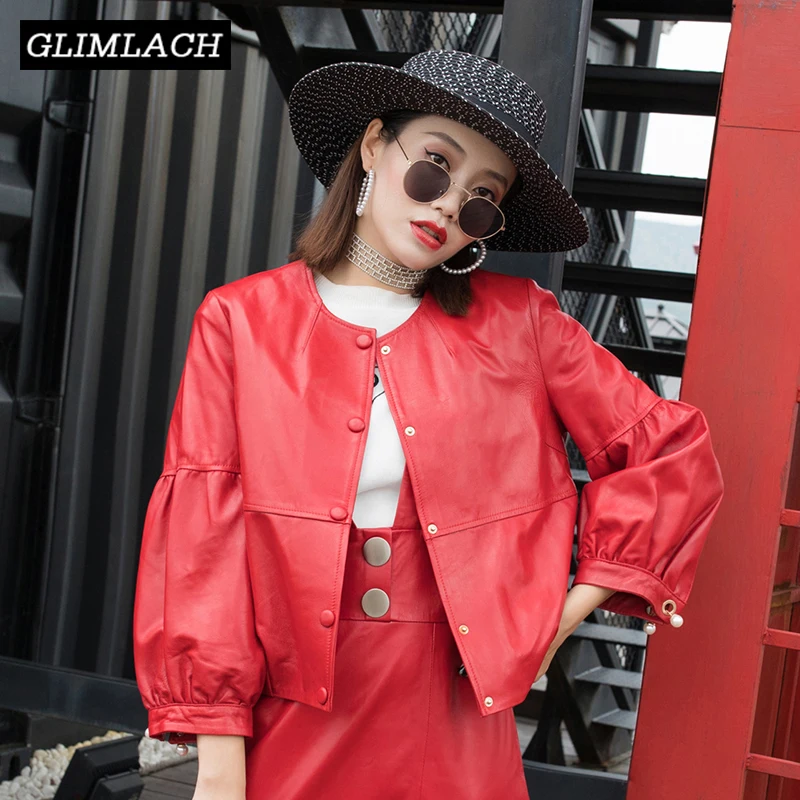

2019 New Autumn Winter Loose Sheepskin Genuine Leather Jacket Women Red Black Casual Beading Short Real Leather Top Coat Ladies