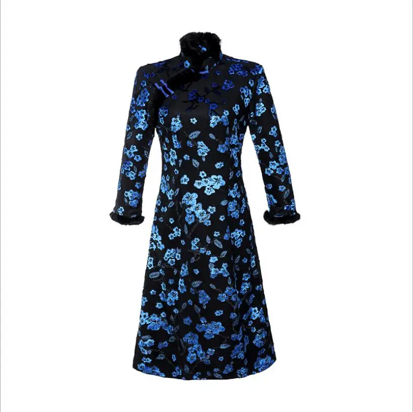 Зима размера плюс китайские платья для женщин с длинным рукавом qipao 3XL 4XL 5XL жаккард цветочный cheongsam современное китайское вязаное платье - Цвет: 1