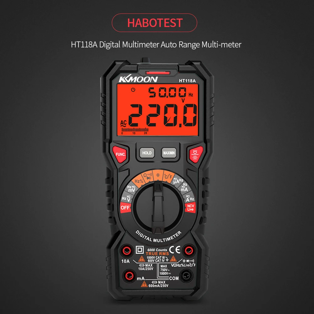 KKmoon мультиметр HT118A Цифровой мультиметр 6000 отсчетов True RMS измерение напряжения тока Частота Температура NCV тест диод