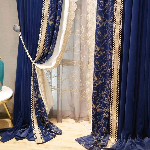 French High-end Embroidery Dark Blue Velvet Lace Stitching Thickened  Curtains For Living Room And Bedroom Customized Products - Curtain -  AliExpress