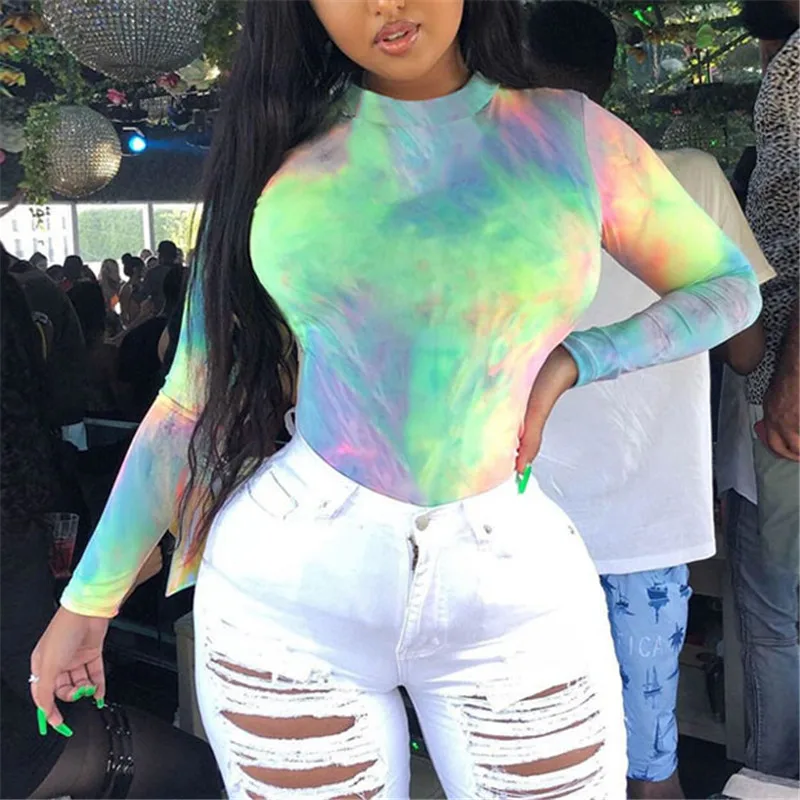 

Women 2019 Autumn Bodysuits Colorful Tie Dye Rainbow Print Long Sleeve Body Sexy Long Sleeve Romper Skinny Streetwear Fit GV850