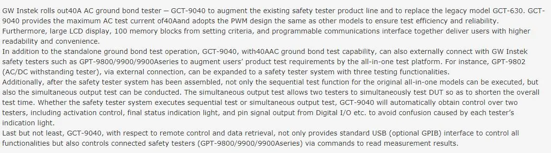 GWINSTEK/40A AC Grounding Resistance Tester GCT-9040 Programmable Impedance Test