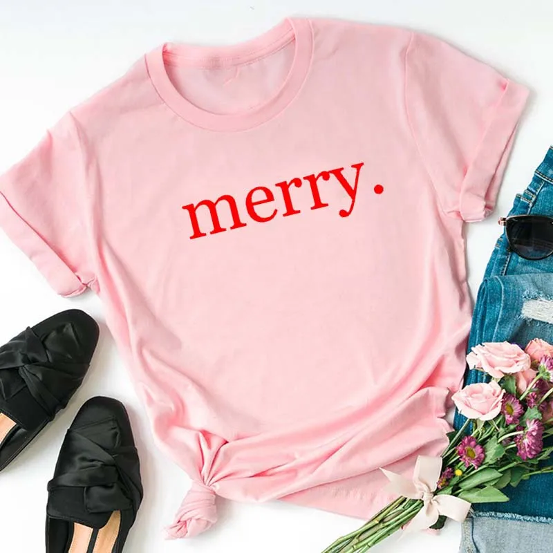 Веселое Рождество принт Эстетическая футболка женская короткий рукав Steetwear Футболка день благодарения розовая Рождественская рубашка повседневные красные Топы - Цвет: Розовый