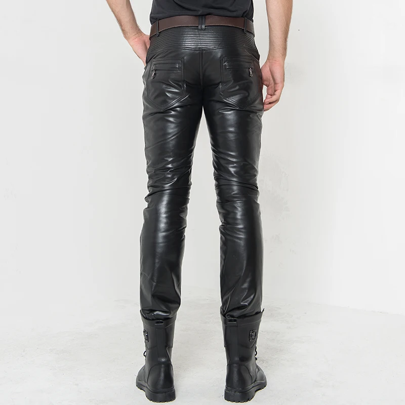 Winter Heren Fleece Voering Broek Straight Mid Taille Zwaargewicht Rits Real Leather Volledige Lengte Potlood Broek Casual Biker Man Winter Heren Fleece Voering Broek Straight Mid Taille Zwaargewicht Rits Real Leather Volledige Lengte Potlood Broek Casual Biker Man