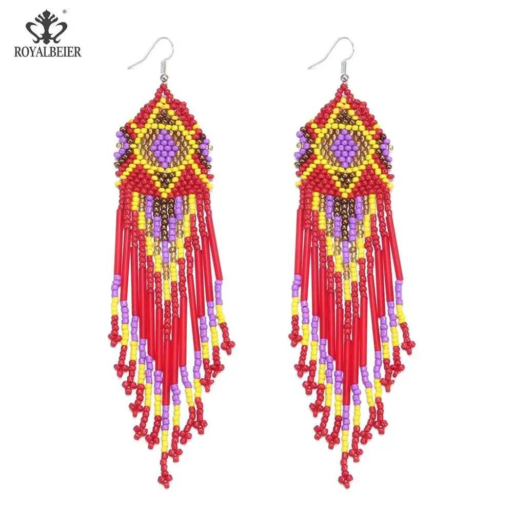 Red beaded 0278b Рождественские серьги в богемном стиле, модные необычные серьги с бахромой, красные длинные серьги с кисточками, женские массивные ювелирные изделия, подарок - Окраска металла: Red beaded 0278b