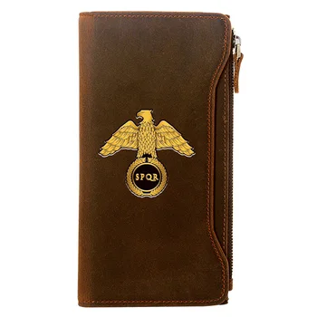 

Vintage SPQR Roman Empire Symbol Genuine Leather Wallet Men Long Purse With Phone Bag Zipper Card Holder High Quality Clutch
