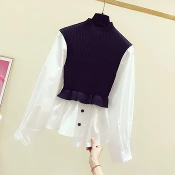 

2020 Spring New Temperament Knitted Shirt White Patch Black Knit Blouse Women Irregular Ruffle Hem Shirt Tops Ladies Blouses