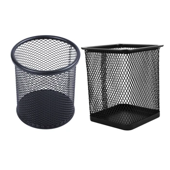

2 Pcs Rectangular Mesh Style Pen Ruler Holder Desk Organizer Steel Mesh Pencil Cup-Black for Home Office