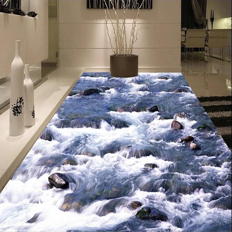 Custom 3D Floor Mural River Waterfall Natural Scenery Self-adhesive Wallpaper Bathroom Floor Background Wall Decor Wall Paper