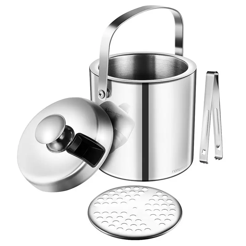 

1.3L Ice Bucket With Lid And Tongs Stainless Steel Double Wall Bar Accessory Gift Set (Silver)