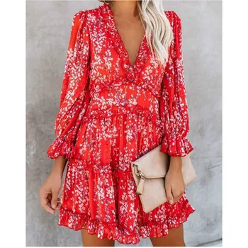 

Sexy Back Cut Out Floral Chiffon Dress Women Romantic Boho Holiday Dress Summer Short V Neck Beach Party Dresses