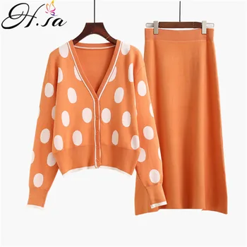 

H.SA 2019 New Fashion Women Skirt Sets Autumn Casual Dot Sweater Skirt Suits Female Thicken Knitted Sets Outwear Casual Sweaters