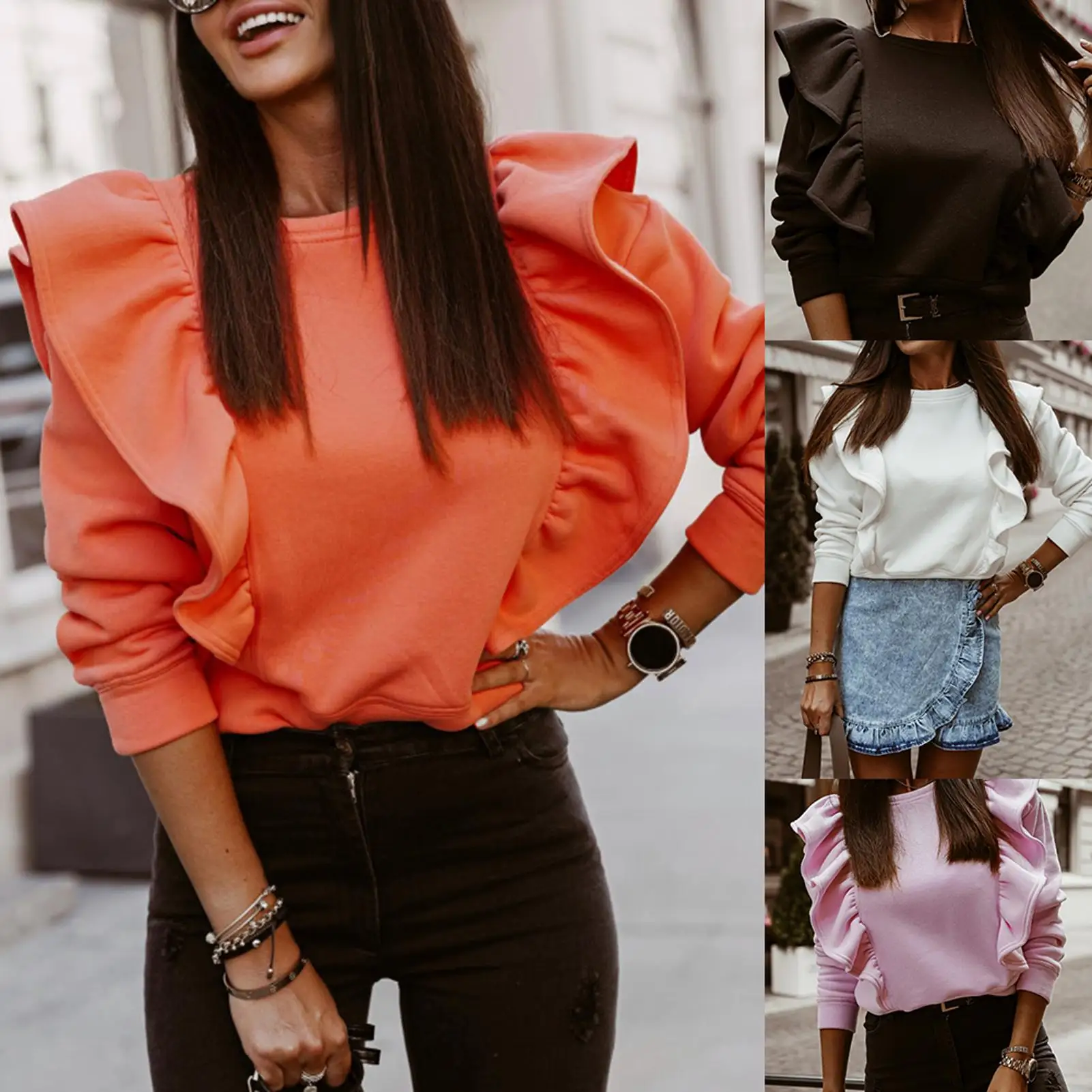 

Autumn Winter Women O Neck Ruffle Blouse Shirt Long SleeveThick Pullover Top Women's Clothing clothes tops for women fashion