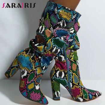 

SARAIRIS New Brand Size 35-47 Women Snake Boots Fake Leather Colorful Mid-calf Boots pointed to lady High Heel Shoes Woman Boots