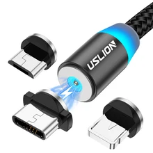 Магнитный USB-кабель USLION со светодиодной подсветкой, кабель USB Type-C для быстрой зарядки телефона, магнитное зарядное устройство, Micro USB для iPhone ...