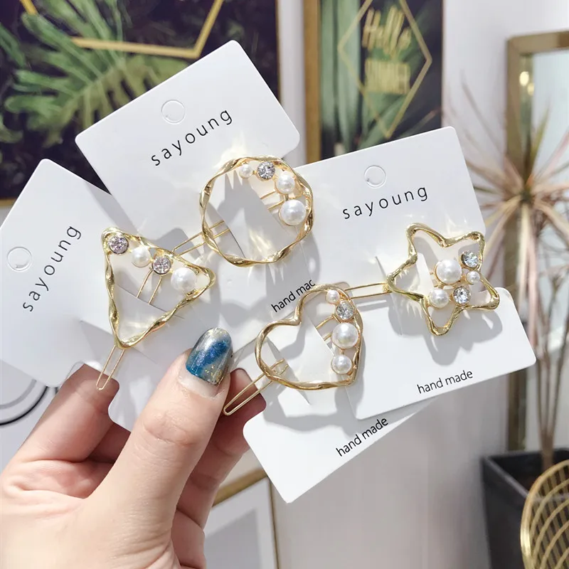 South Korea New Style Alloy Hair Accessories Korean-style Simple with Pearl Hollow out Star Gold Side Clip Barrettes Headband Wo |