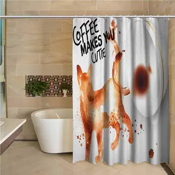 

Coffee Art Odorless Waterproof Shower Curtain Humorous Inspirational Phrase with Cat Kitten Silhouette Caffeine Large Home