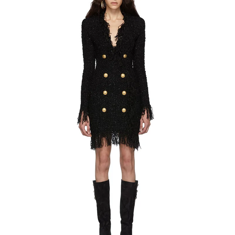 

2019 New Autumn Spring Design Sexy V-neck Solid Luxury Double Breasted Buttons Slim Straight Tassel Weaving Dress High Quality