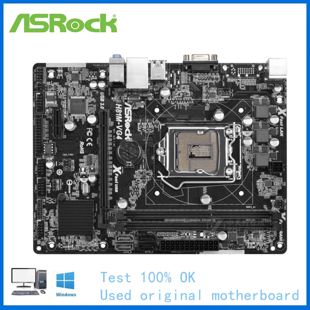 Для ASRock H81M-VG4 компьютера USB3.0 SATAIII материнская плата LGA 1150 DDR3 H81 настольная Б/у |