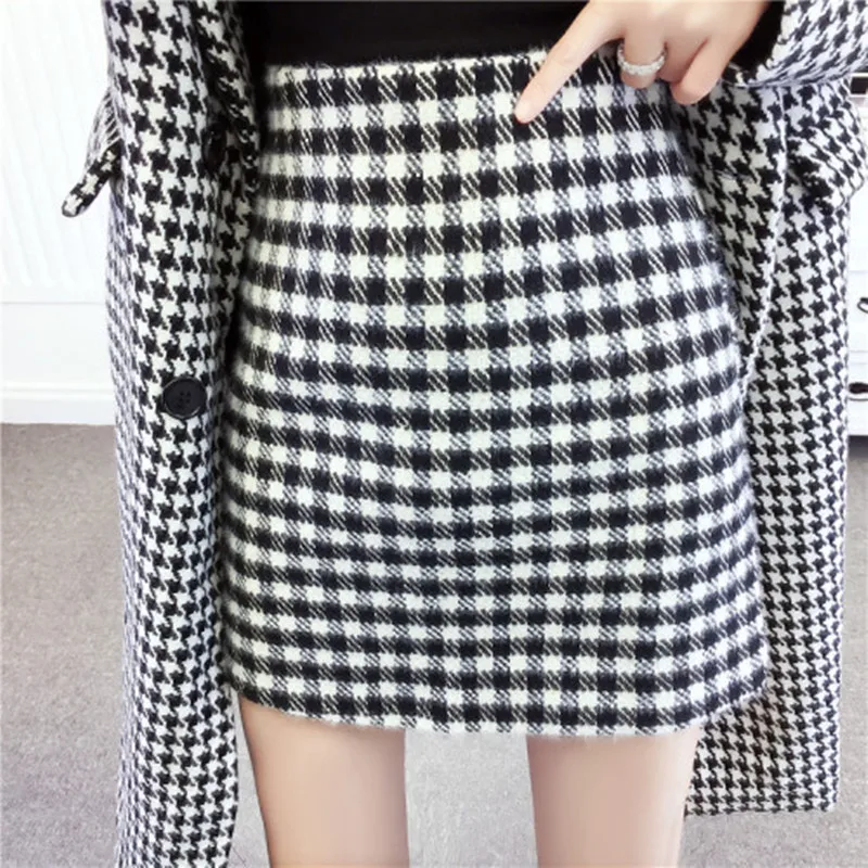 Skirt Женский комплект из 2 предметов, модное двубортное шерстяное пальто средней длины в клетку+ шерстяная короткая юбка Vestidos - Цвет: Skirt