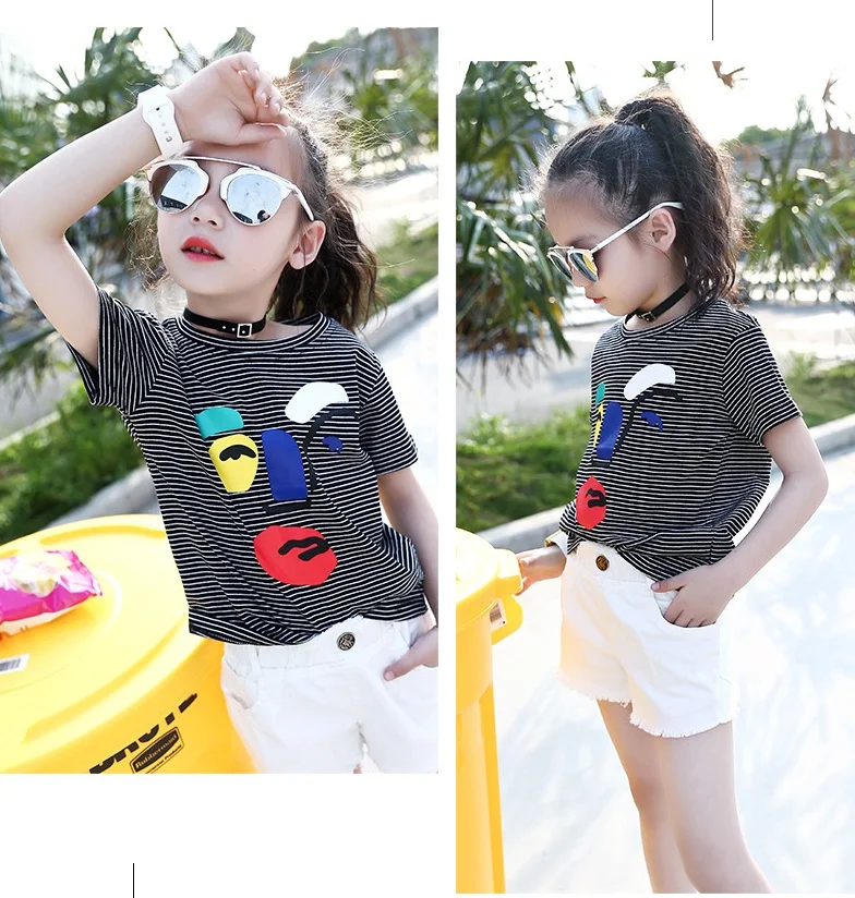 Girls O-Neck Striped T-Shirt Boys Fashion Summer Short Sleeve Shirt Children Unisex Cotton Cartoon Pattern Tops AA51800