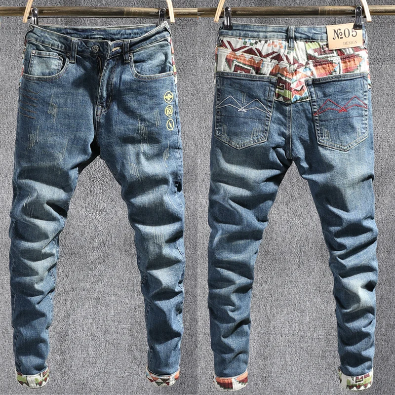

Fashion Streetwear Men Jeans Elastic Slim Fit Embroidery Patchwork Ripped Denim Pants Japanese Style Vintage Designer Trousers